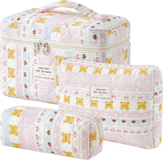 HBselect Quilted Makeup Bag, 3PCS Cotton Large Travel Makeup Bag, Cute Floral Coquette Make up Bag Cosmetic Bag Toiletry Bag for Women Girls