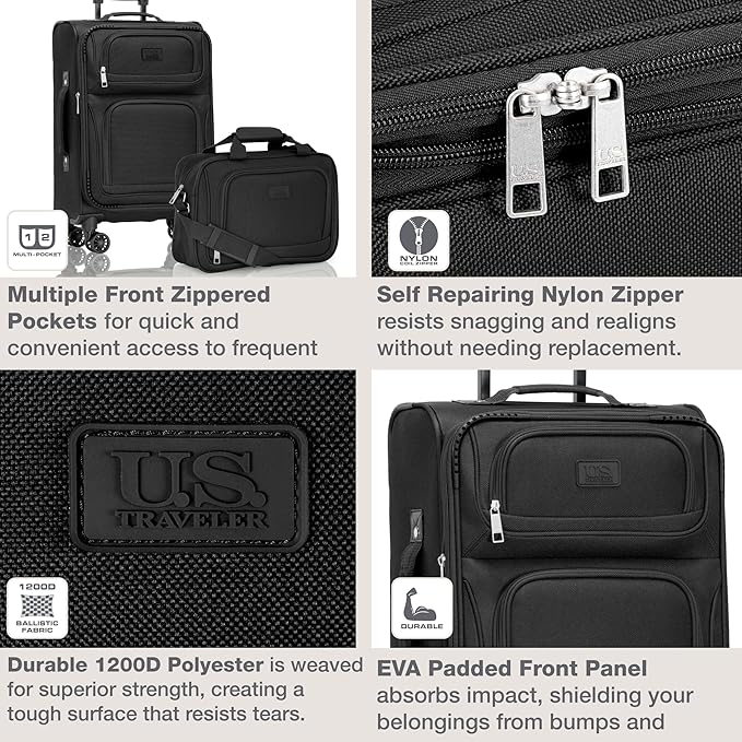 U.S. Traveler Rio Lightweight Softside Rolling Carry-on Suitcase, 4-Wheel Single, Black