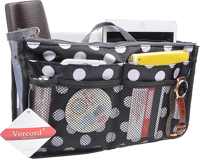 Vercord Purse Organizer Insert for Handbags Bag Organizers Inside Tote Pocketbook Women Nurse Nylon 13 Pockets Black Dot Small