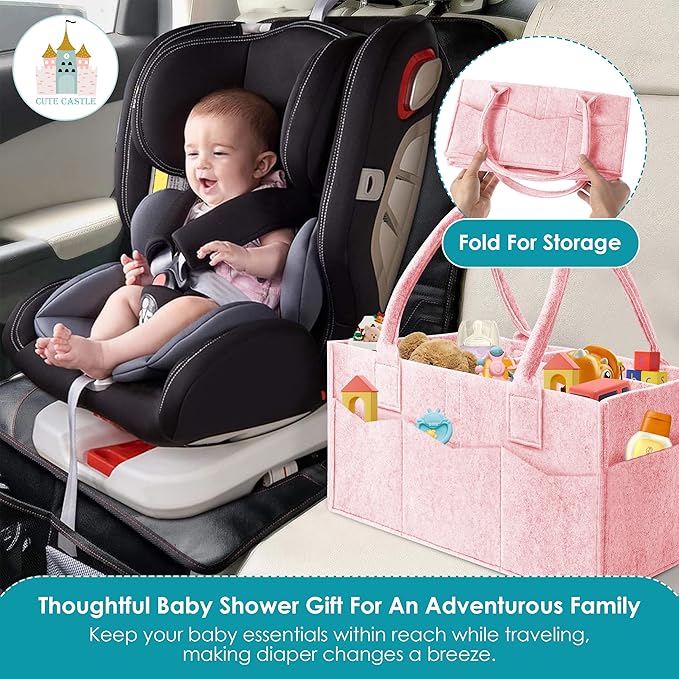 Cute Castle 2 Pack Diaper Caddy Organizer - Portable Baby Caddy Organizer with Handle, Nursery Storage Bin and Car Organizer for Girls, Boys - Baby Gift Basket - Pink, Large