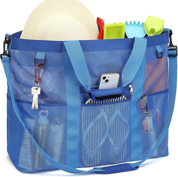 Fammart Mesh Beach Bag, Large Beach Tote with Zipper Pocket, Toys Pool Bag for Family Travel Vacation Cruise Essentials