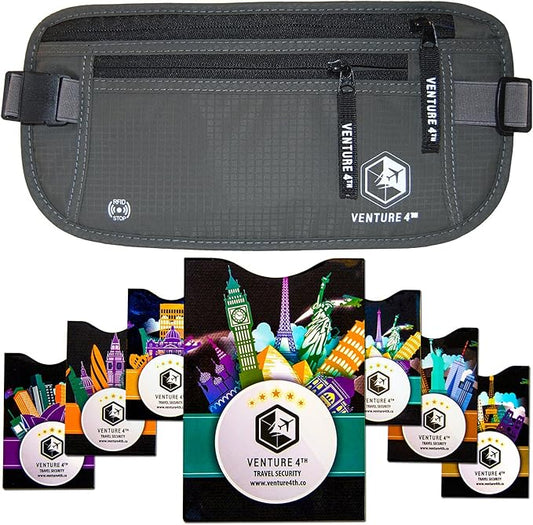 VENTURE 4TH Slim Minimalist Design RFID Money Belt with RFID Blocking Sleeves, for Men and Women – Ideal for Keeping Your Cash, Credit Card, Passport, Phone Secure When Traveling - Gray