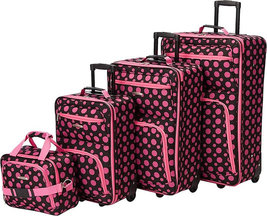 Rockland Fashion Softside Upright Luggage Set, Black/Pink Dot, 4-Piece (14/19/24/28)
