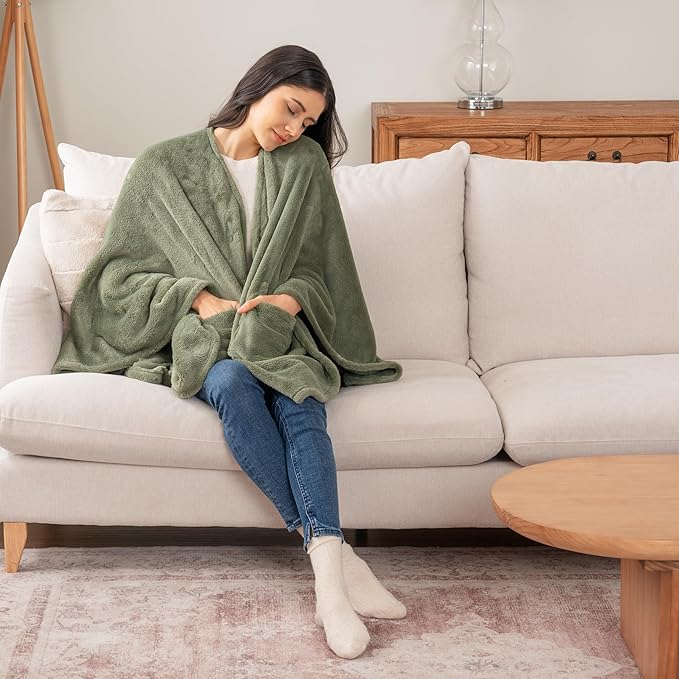 Berkshire Blanket Primalush™ Wearable Blanket, Cozy Loungewear Pocketed Plush Cape Wrap for Adults & Teens(Dark Sage, One Size 58"X64")