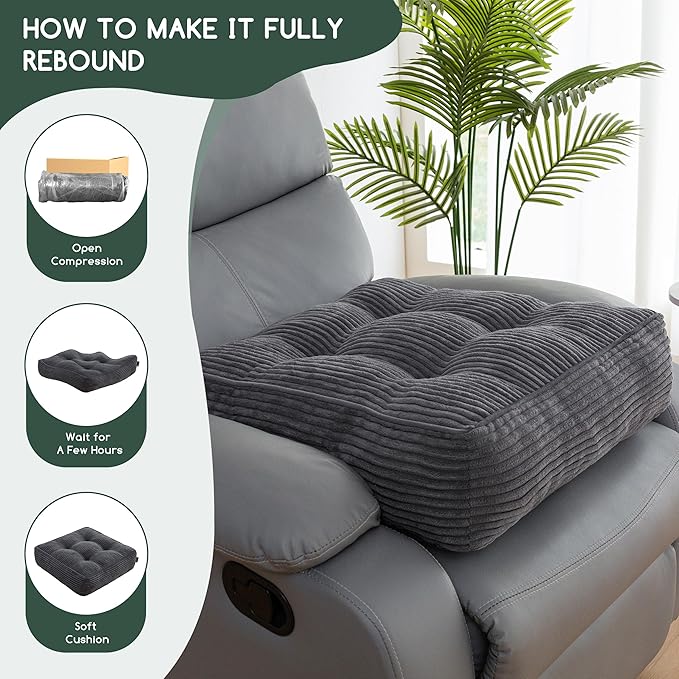 HIGOGOGO Tufted Corduroy Recliner Seat Cushion for Elderly, 20x20x6 Inch Extra Large Square Seat Cushion for Recliner Chair, Floor Pillow, Office Chair, Car, No Pressure on Thighs, Dark Grey