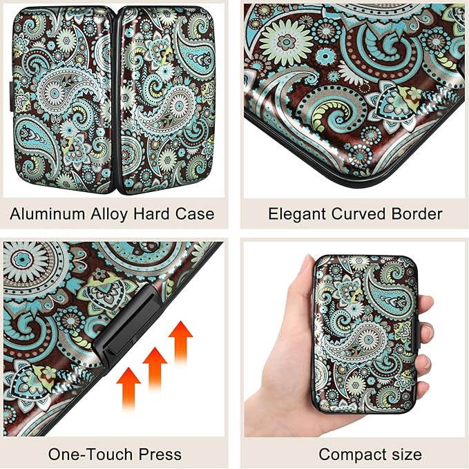 ELFISH Mini RFID Aluminum Wallet Credit Cards Holder Business Card Case Metal ID Case for Men Women (Blue flower)