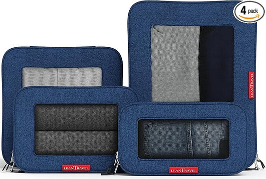 LeanTravel Premium Compression Packing Cubes for Travel - Suitcase Organizer Bags with Double Zipper & Breathable Mesh Panel - Space Saving Carry On Luggage Essentials (4-Pack, Navy Blue)