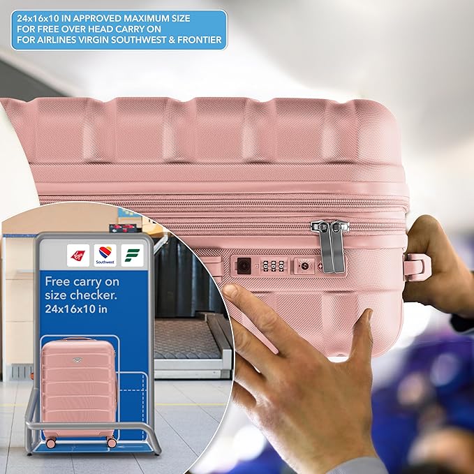 Flight Knight 24x16x10 Expandable Carry On Suitcase Hardside TSA Lock USB C Port Lightweight Luggage Silent Double Spinner Wheels Maximum Overhead Carry-On Bag For Virgin, South West Approved Pink