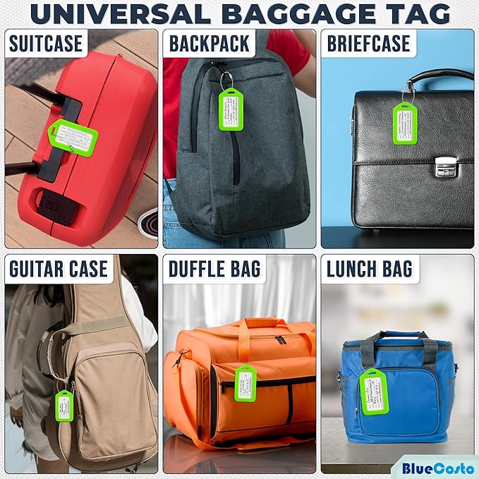 BlueCosto - Luggage Tags - Green, 10 Pack - Suitcase Tags with Name ID Card & Heavy-Duty Metal Wire Loops - Bright Colored PVC Identifiers for Travel Baggage - Backpack Name Labels