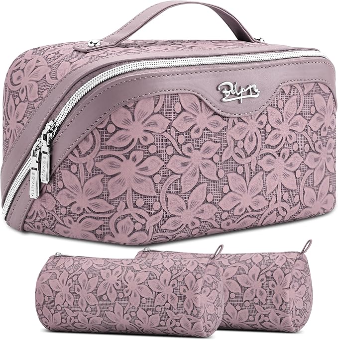 BOYATU Travel Makeup Bag Cosmetic Bags for Women: Large Capacity 3 Pcs Set Make up Bag with Compartments - Waterproof Vegan Leather Toiletry Organizer Bags with Handle (Z-64Purple)