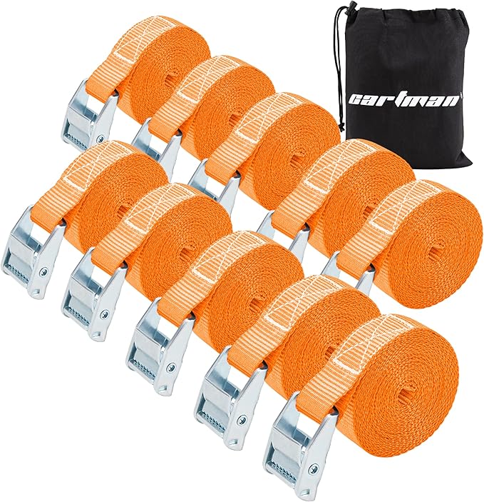 Cartman 1" x 12'Lashing Straps Cargo Tie-Down Strap Up to 600lbs, 10pk in Carry Bag, Orange