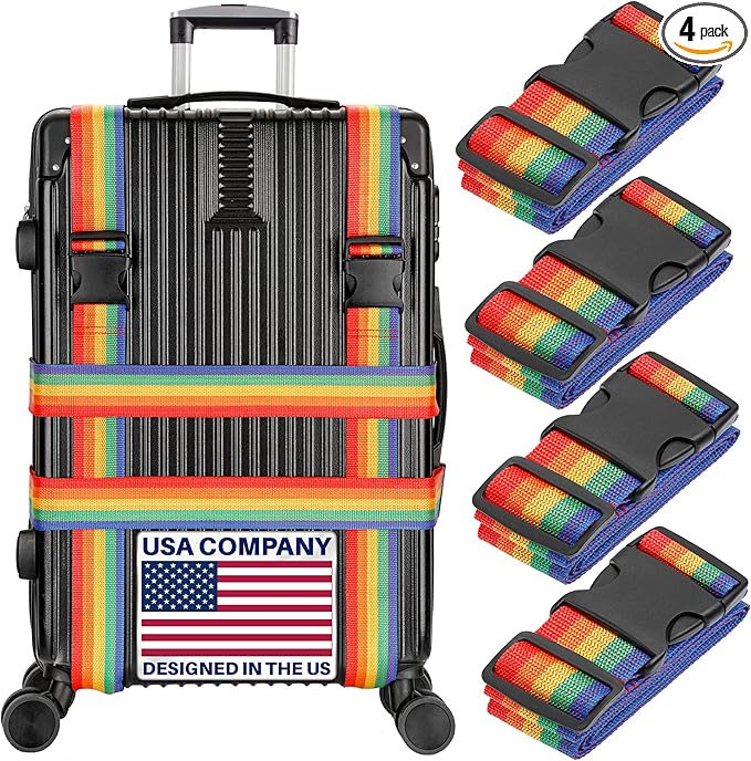 Luggage Straps for Suitcases - TSA Approved - Rainbow, 4 PK - Premium Belts for Suitcase, Briefcase & Travel Bag - Adjustable Strap Length 43" - 78"