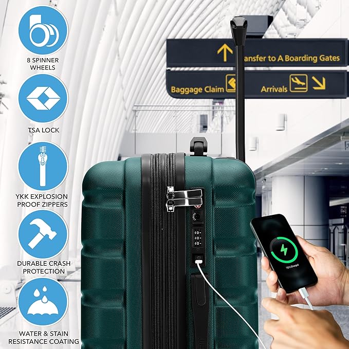 Flight Knight 22x14x9" Expandable Carry On Suitcase Hardside TSA Lock USB C Port Lightweight Luggage Silent Double Spinner Wheels Maximum Overhead Carry-On Bag For American & United Approved Airlines