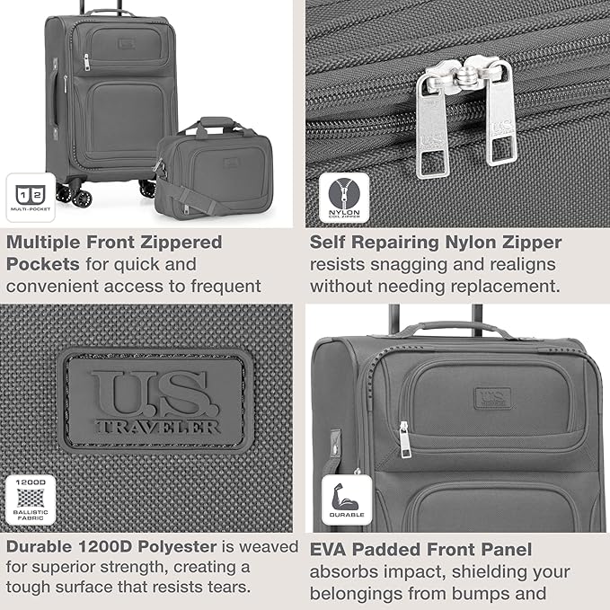 U.S. Traveler Rio Lightweight Softside Rolling Carry-on Suitcase, 4-Wheel Single, Light Gray