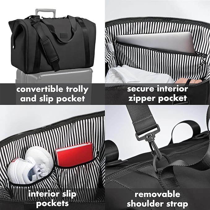 Fit & Fresh Neoprene Weekender Bag for Women – Carry-On Friendly Travel Duffel with Expandable Sides, Trolley Sleeve & Pockets – Lightweight, Water-Resistant Overnight Bag for Weekend Trips + Gym