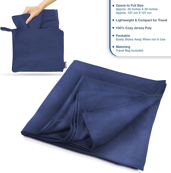 Cloudz Super Soft Jersey Airplane Travel Blanket for Your Flight, Car, Camping, Home or Comforting Warmth Anywhere! Large in Size at 50"x 50" and Includes a Bag! - Blue