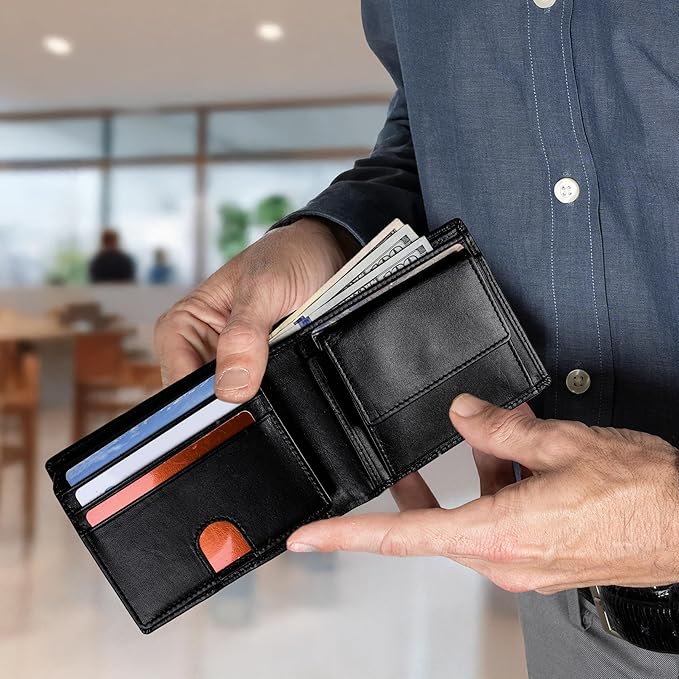 BULL GUARD Mens RFID Blocking Bifold Wallet Smooth Top Grain Leather Nappa Black, Secure and Durable Extra Capacity Billfold With 10 Credit Card Slots, Flip Up ID, Tight Stitching and Coin Pocket