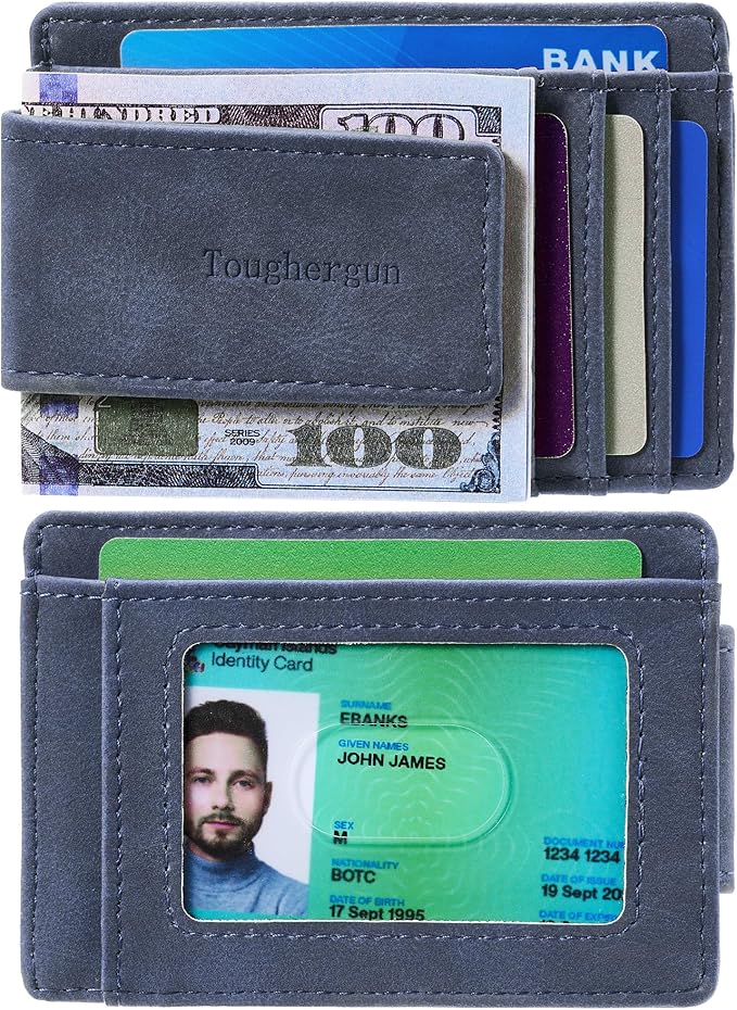 Toughergun Slim Wallet for Men RFID Blocking Money Clip, Minimalist Front Pocket Credit Card Holder, Magnetic Thin Mens Wallets with ID Window