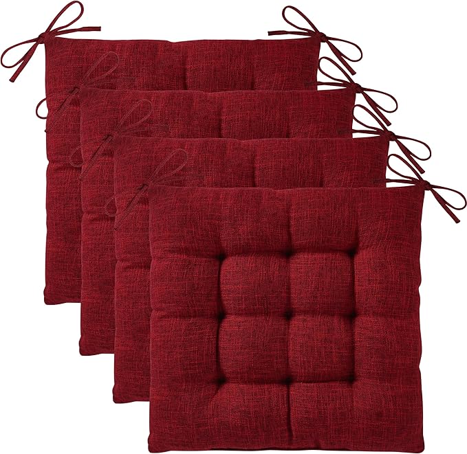 OVOV 4 Pack Chair Cushions for Dining Chairs Soft Seat Cushions for Kitchen Desk Chairs Square Chair Pads with Ties (15.5"x15.5" Deep Crimson)