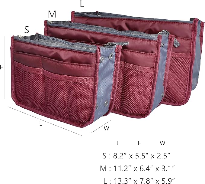 Vercord Purse Organizer Insert for Handbags Bag Organizers Inside Tote Pocketbook Women Nurse Nylon 13 Pockets Burgundy Medium