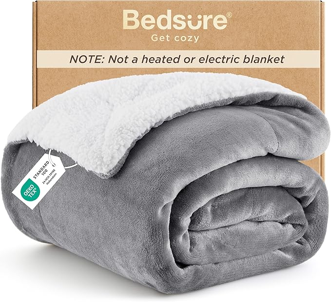 Bedsure GentleSoft Sherpa Fleece Twin Blanket for Couch, Non-Heated, Thick and Warm Throw for Women and Men, Soft Fuzzy Plush Blanket for Winter, Grey, 60x80 Inches