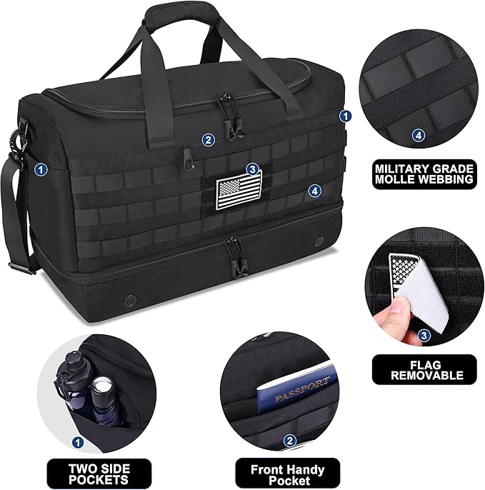 MOZETO Black Duffle Bag for Men, 45L Carry On 22x14x9 Travel Duffle with Shoe Compartment Tactical Inspired Heavy Duty GYM Overnight Bag Wet-Dry Separated Compartment