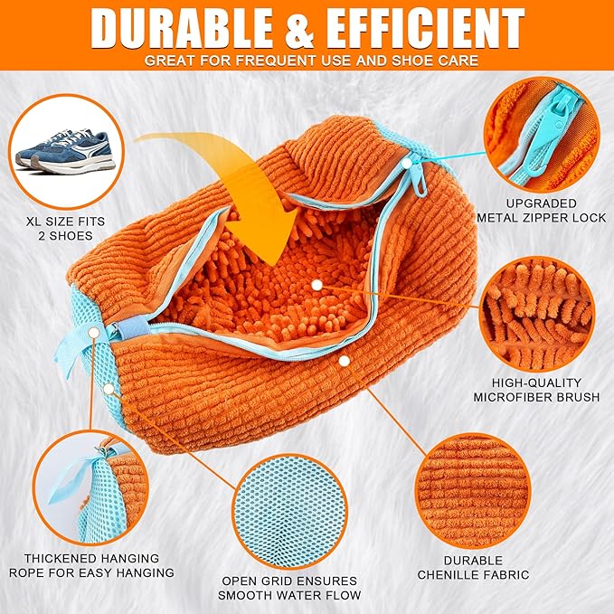 Shoe Washing Machine Bag, 2 Pack – Reusable, Fits All Shoe Types, 360° Deep Cleaning with Self-Locking Zipper, Wash Two Pairs at Once, Protects Shoes and Washing Machines(Orange)