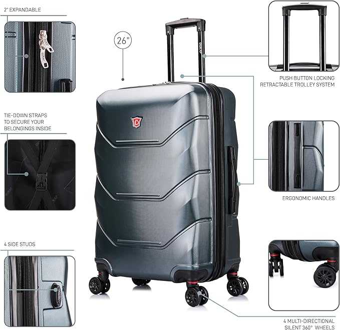 DUKAP ZONIX Luggage with Spinner Wheels | Durable Lightweight Hardside Suitcase, Spacious Travel Bag with Handle and Trolley | 26 Inch Medium Checked Luggage | Green
