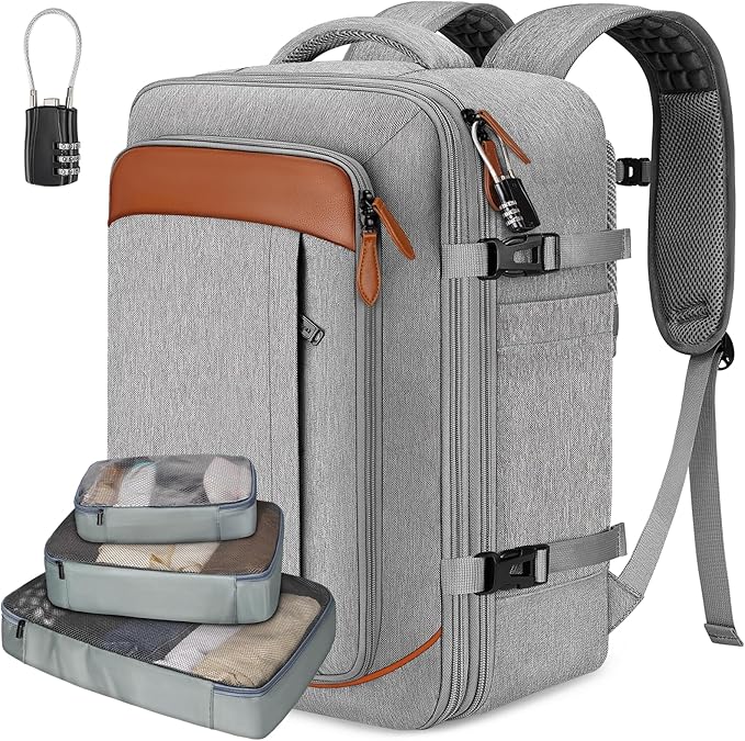 Vancropak Carry on Backpack, Flight Approved 18x14x8 Travel Backpack with 3 Packing Cubes, Expandable Large 40L Travel Bag fits 17.3" Laptop, Anti Theft Luggage Suitcase Weekend for Women Men, Grey