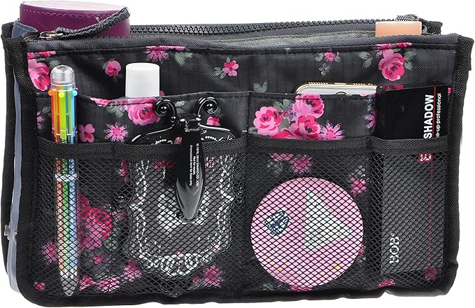 Vercord Purse Organizer Insert for Handbags Bag Organizers Inside Tote Pocketbook Women Nurse Nylon 13 Pockets Black Red Flower Small
