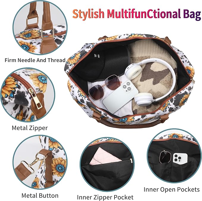 Weekender Bag Duffle Bag For Women Large Travel Tote Bag Overnight Weekend Bags With Shoulder Strap Cow Leopard Atzec…