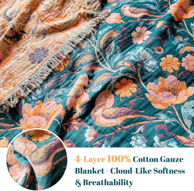 MSGKV Boho Throw Blanket for Bed 60"x80" Cotton Birds Floral Twin Size Couch Blanket Muslin Spring Breathable All Seasons Lightweight Farmhouse Blankets