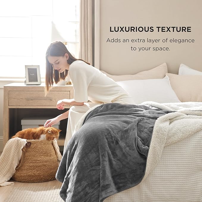 Bedsure GentleSoft Sherpa Fleece Queen Blankets for Bed, Non-Heated, Thick and Warm Throw for Women and Men, Soft Fuzzy Plush Queen Blanket for Winter, Grey, 90x90 Inches