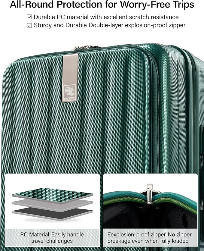 Hanke 20 Inch Expandable Carry On Luggage Airline Approved Top Opening Hard Shell Suitcases with Wheels Lightweight Travel Luggage Carry On Suitcase for Woman Men-Blackish Green