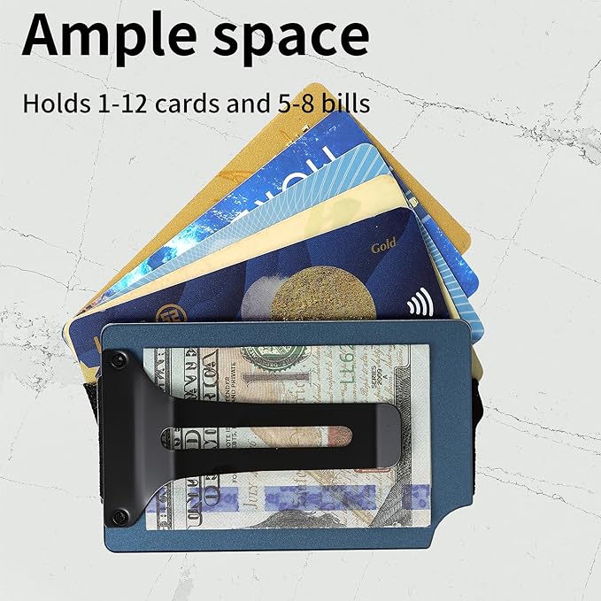Minimalist Carbon Fiber Wallet for Men, Money Clip Cash Strap Wallet, RFID Blocking Metal Wallet Aluminum Card Holder,Front Pocket Wallet(Matte Navy)