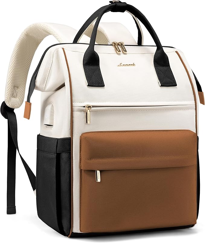 LOVEVOOK Laptop Backpack for Women 15.6 Inch, Travel Backpack with USB Charging Port Large Capacity Laptop Bag, Waterproof Bag for Business College Airline Approved Work Backpack(Brown White)