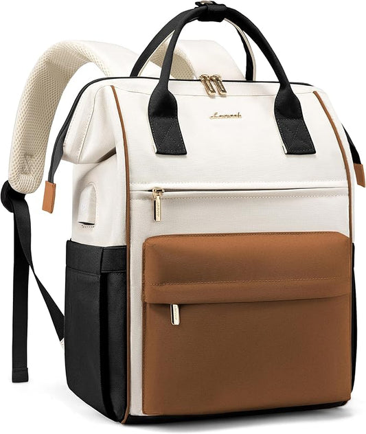 LOVEVOOK Laptop Backpack for Women 15.6 Inch, Travel Backpack with USB Charging Port Large Capacity Laptop Bag, Waterproof Bag for Business College Airline Approved Work Backpack(Brown White)