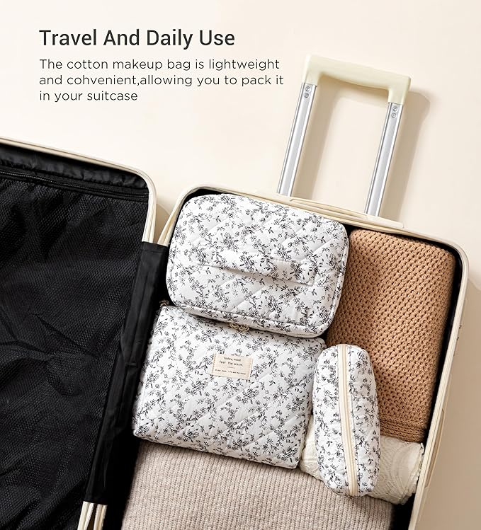 HBselect Quilted Makeup Bag, 3PCS Cotton Large Travel Makeup Bag, Cute Floral Coquette Make up Bag Cosmetic Bag Toiletry Bag for Women Girls