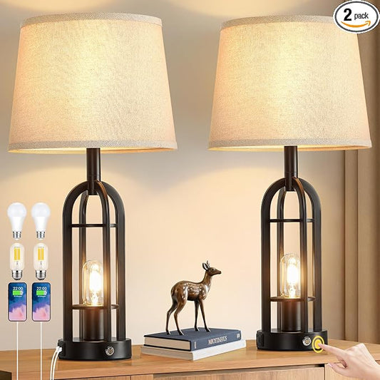 SRJJA 24" Table Lamps for Living Room Set of 2, Farmhouse Industrial 3-Way Dimmable Touch Bedside Lamps with USB A+C for Bedroom Nightstand，4 Bulbs Included