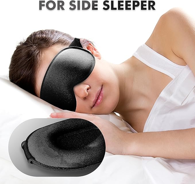 Sleep Eye Mask for Men Women, Sleeping Mask for Side Sleeper, Travel Blackout Night Blindfold Eye Shade Cover with Adjustable Strap (Black-Side Sleeper)