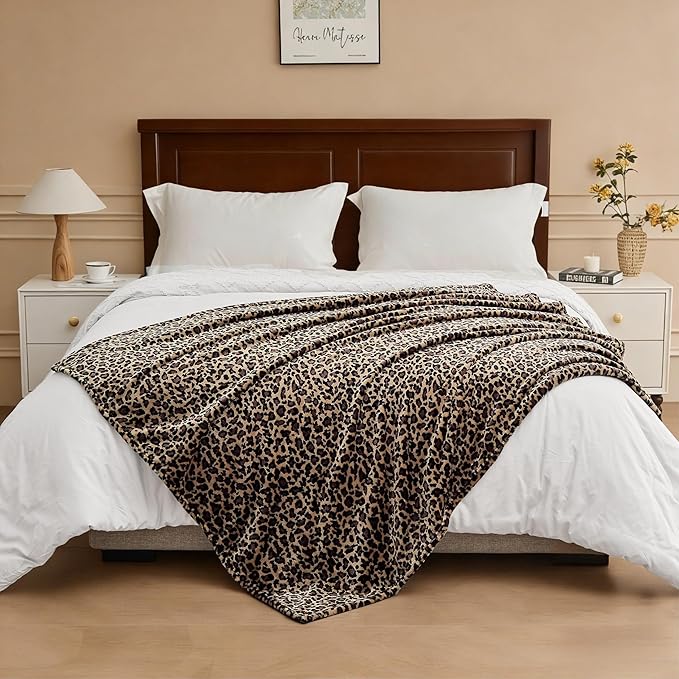 Leopard Print Blanket Fleece Throw for Bed Sofa Travel and Camping, Super Soft Cozy Fluffy Plush Cheetah Print Blanket for All Seasons 50"x60" (Mocha Brown)