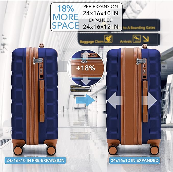 Flight Knight 24x16x10 Expandable Carry On Suitcase Hardside TSA Lock USB C Lightweight Luggage Silent Double Spinner Wheels Maximum Overhead Carry-On Bag For Virgin South West Approved Navy/Tan