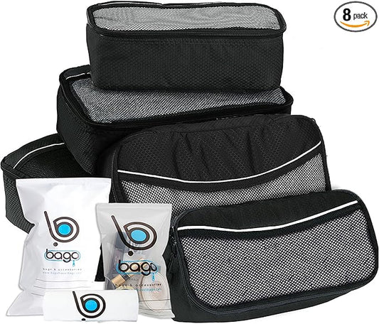 bago 8 Pcs Packing Cubes for Travel - 5 Travel Packing Cubes for Suitcases with 3 ZipLock Bags, Luggage Organizer Bags to Get Maximum Storage, Save Time & Effort to Pack (Black)