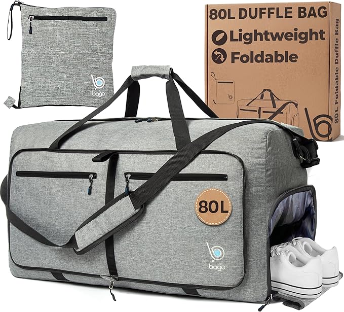 Bago Large Duffle Bag for Travel Women & Men. Durable Lightweight Foldable Travel Duffel Bags For Traveling Women. 80L Duffle Bags For Overnight Bag With Shoe Compartment Collapsible Weekender duffel