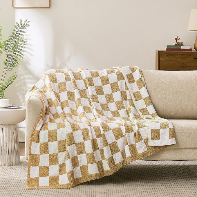 Checkered Throw Blanket, Khaki Soft Cozy Fluffy Knitted Throw Blankets for Couch, Sofa, Bed, Chair, Warm Fuzzy Travel Picnic Lightweight Plaid Blanket, 50x70 inches