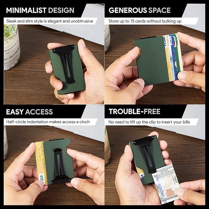 Carbon Fiber Minimalist Wallet for Men Credit Card Holder Money Clip & Cash Strap Slim RFID Mens Wallets(Matte Green)