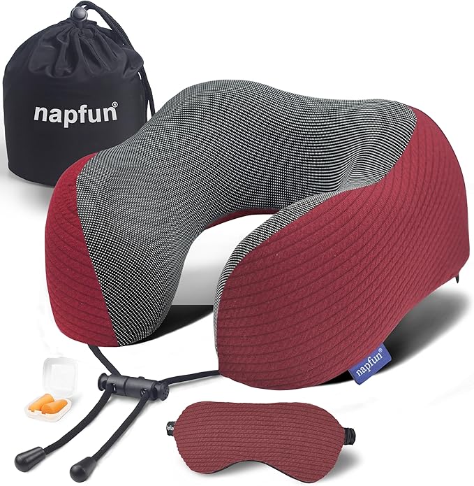 napfun Neck Pillow for Travel with Travel Pouch, Sleep Mask & Earplugs, Memory Foam Airplane Pillow for Headrest Sleep with Eyeshades, Plane Essentials with Eye Blindfold, Burgundy Striped Kit