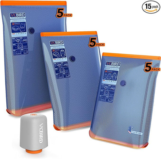 Vacuum Storage Bags with Rechargeable Cordless Pump,15 Pack 3 Size Compression Packing Cubes Seal Bags, Space Saver for Clothes and Clothing Blankets Organization Space Saving