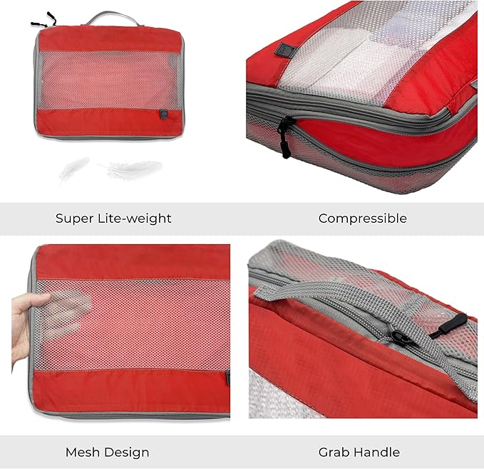 Lewis N. Clark ElectroLight Expandable Compression-Packing Cube + Travel Organizer for Luggage, Suitcase or Carry On with Smart Design Grab Handle & Breathable Mesh, 2-Pack (1 Med, 1 Large), Red