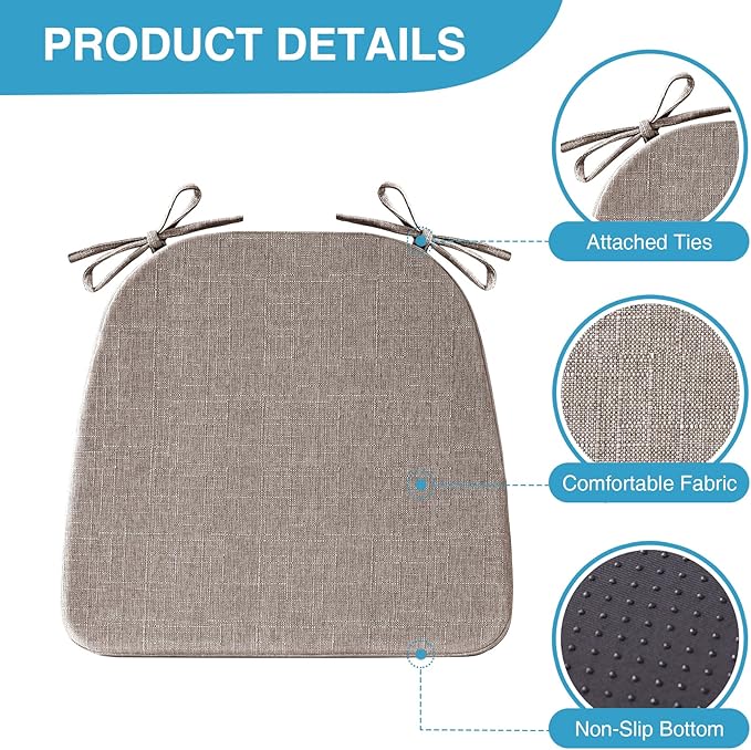 Chair Cushions for Dining Chairs Set of 4, Non Slip Kitchen Chair Pads, 17" x 16" x 2", Indoor Dining Chair Cushions with Ties, D-Shaped Seat Cushions for Kitchen Chairs, Light Brown
